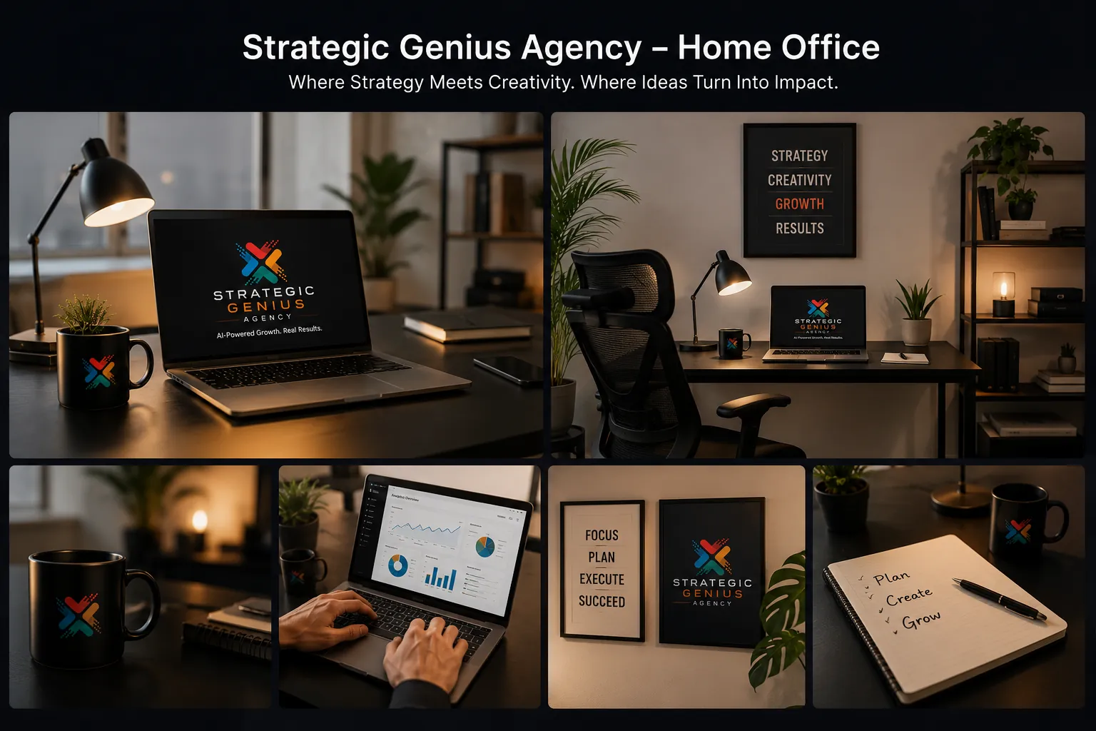 Strategic Genius Agency home office desk with laptop showing marketing dashboards