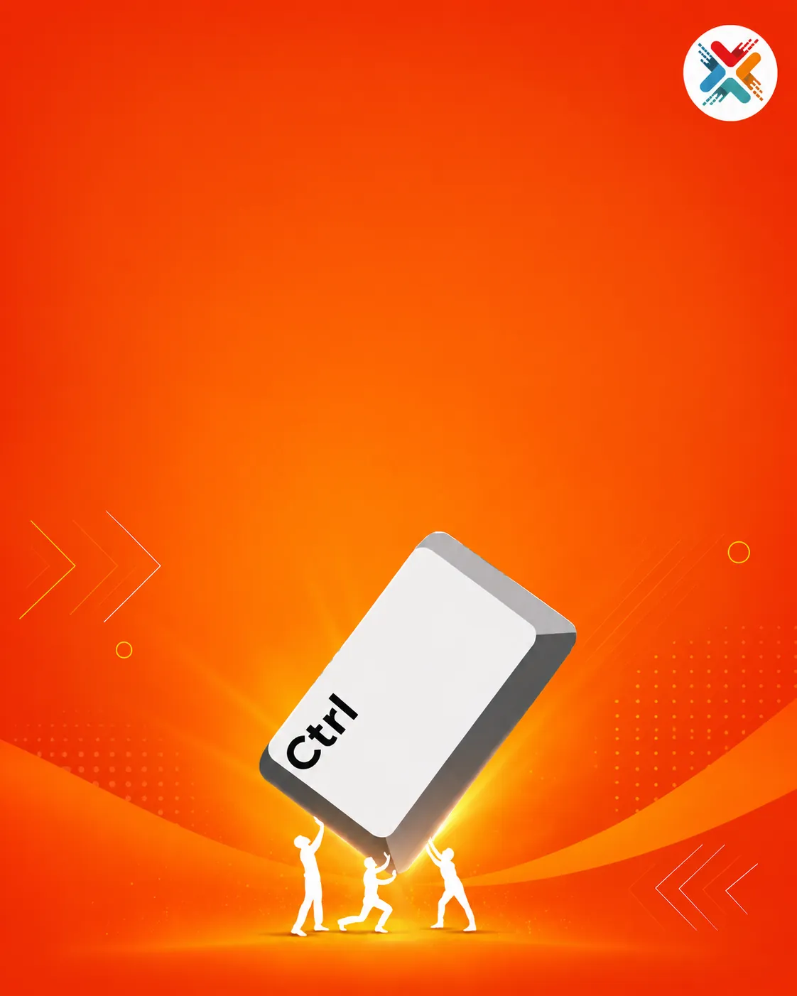 Social media creative: silhouettes lifting a giant Ctrl key on an orange background