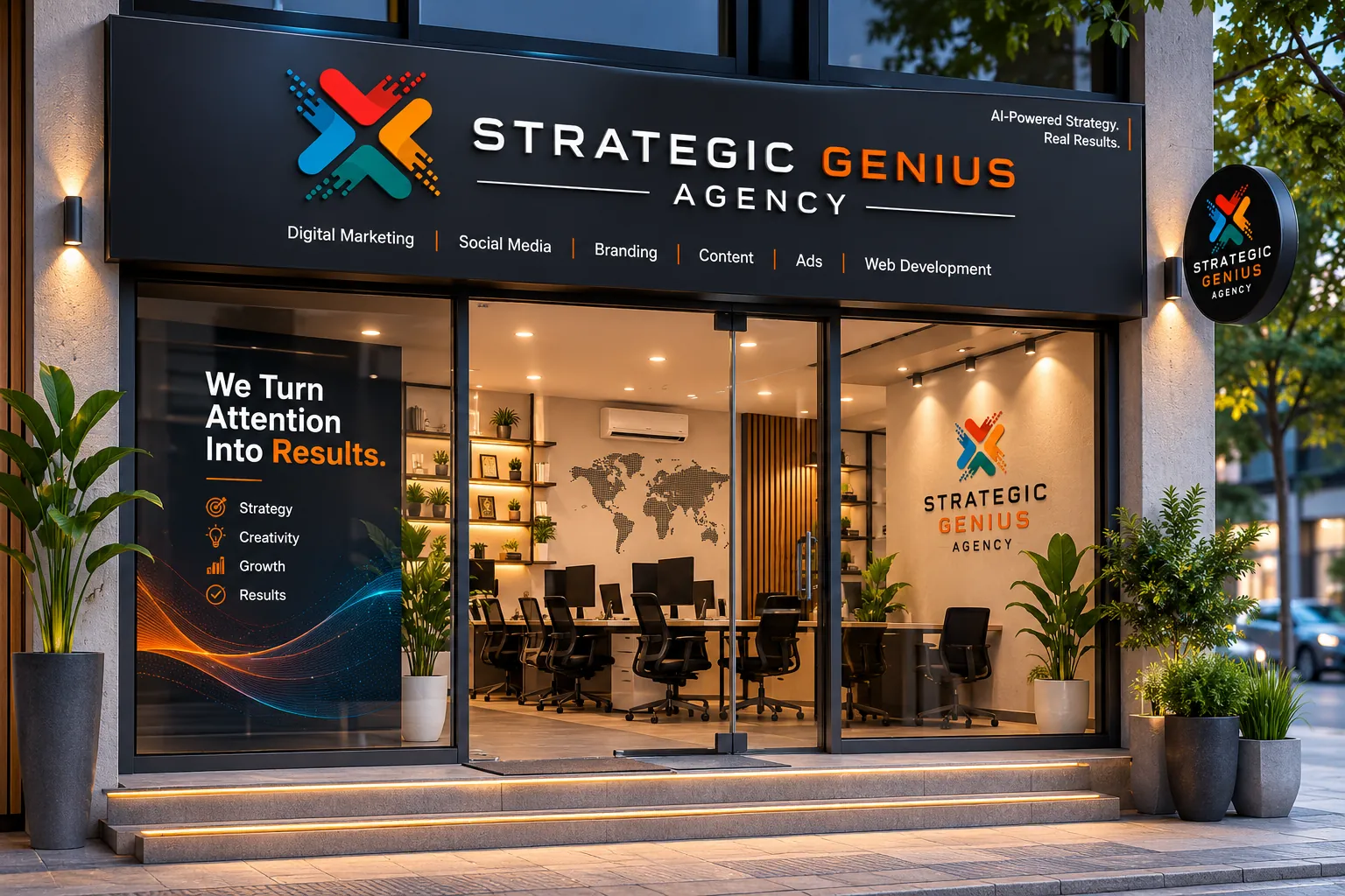 Strategic Genius Agency storefront concept with 'We turn attention into results' signage